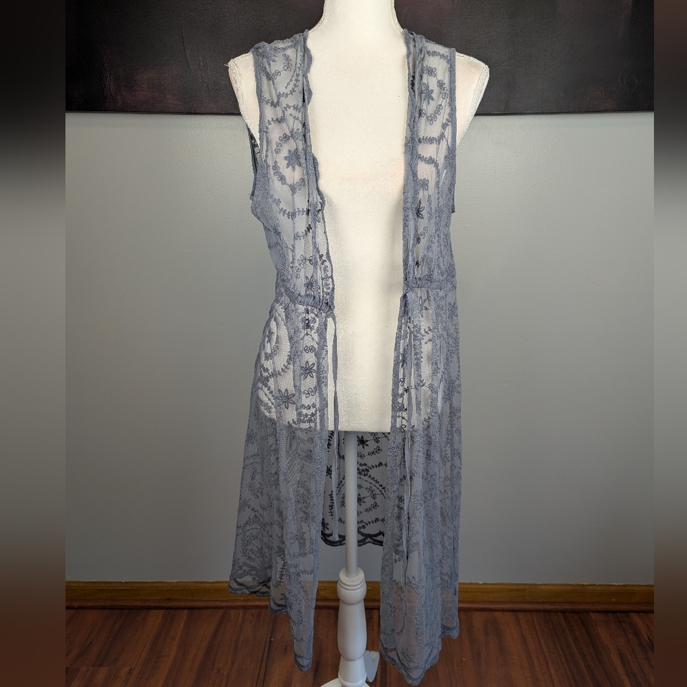 Gray embroidered cardigan duster